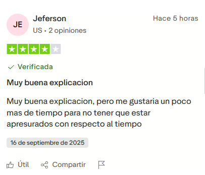Opinión de Jefferson desde Estados Unidos: muy buena explicación en las clases, aunque desearía más tiempo para no sentirse apresurado.